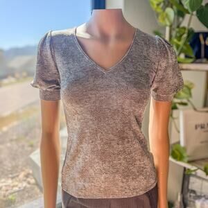 WHBM Metallic Puff Sleeve V-Neck Top Brown Neutrals Snake Print Accents, XXS